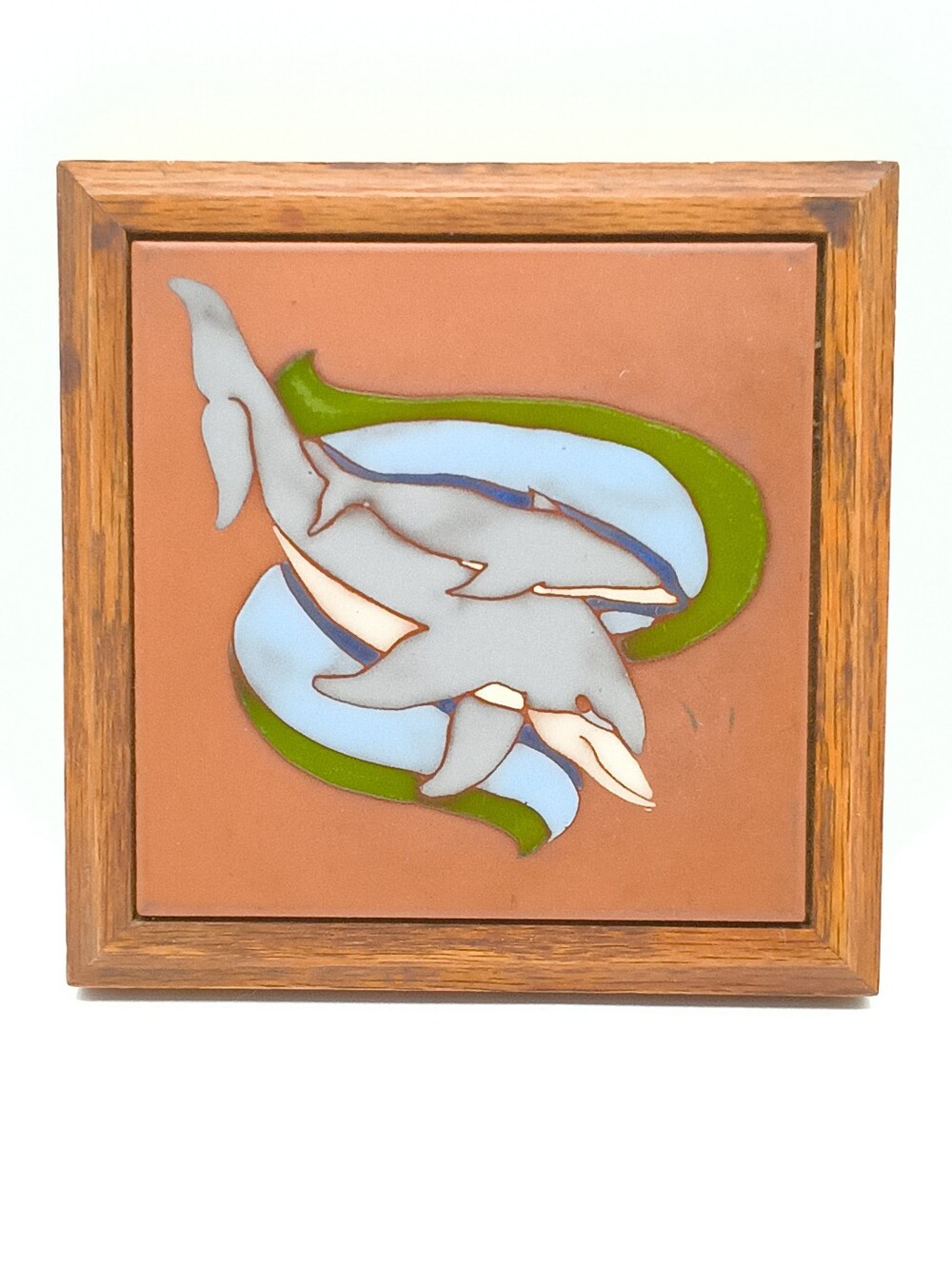 Vintage Cunha Woodwork Framed Dolphin Ceramic Tile Art Trivet